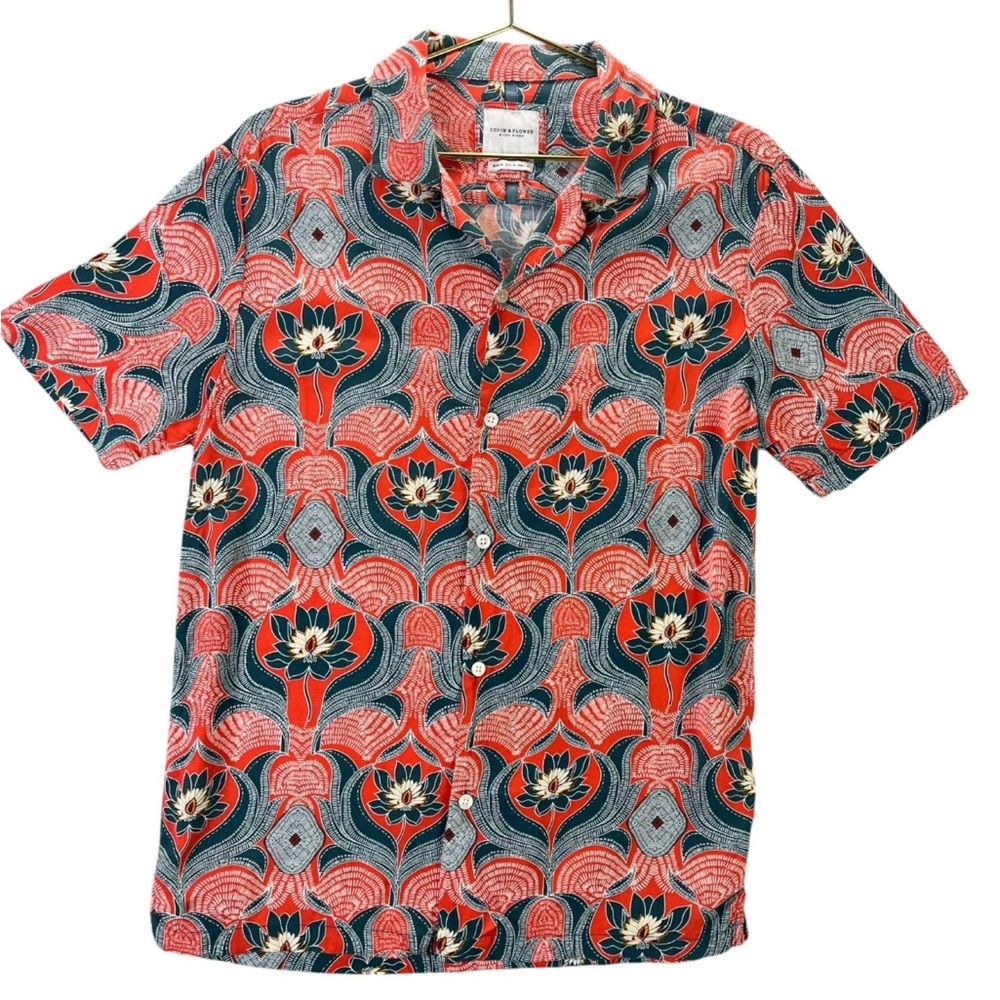 Denim & Flower Orange and Blue Floral Lotus Short-Sleeve Button-Down Viscose